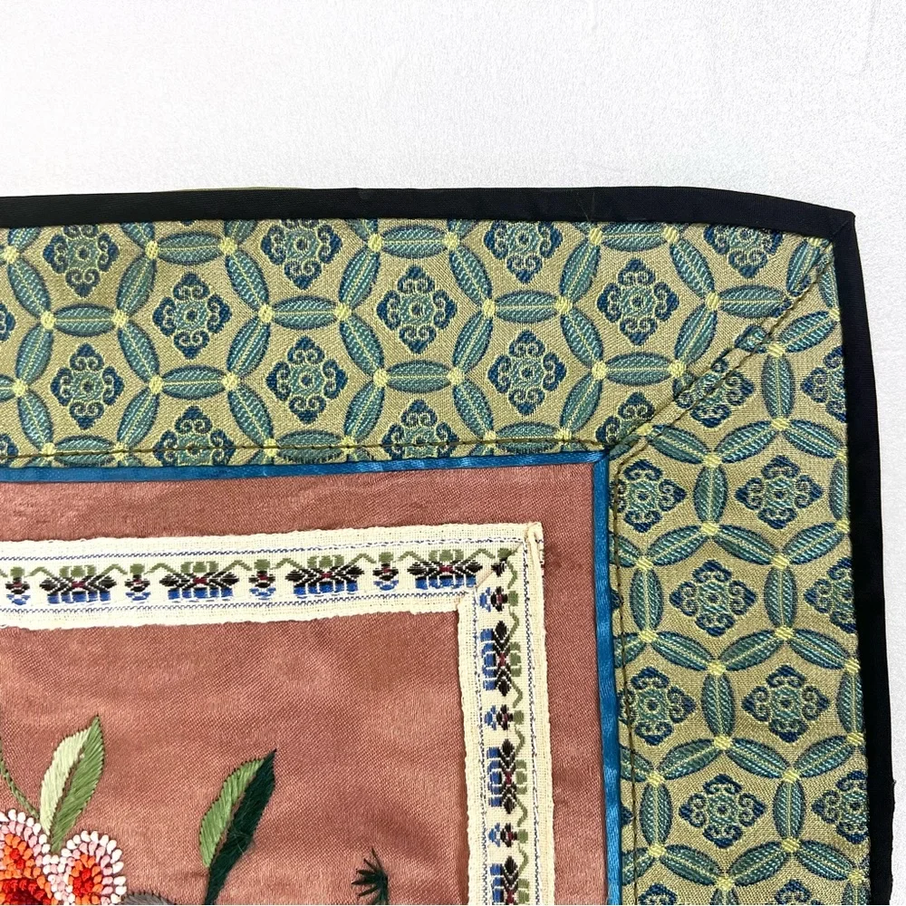 Vintage Chinese Silk Embroidered Floral Butterfly Panel